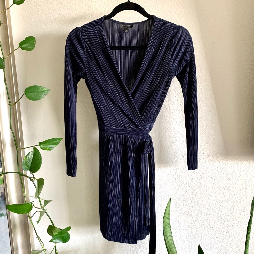 Topshop Navy Pleated Long Sleeved Wrap Dress